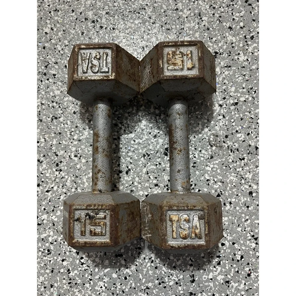 Vintage TSA 15lb Hex Dumbbell Pair Cast Iron Retro Gym Weights